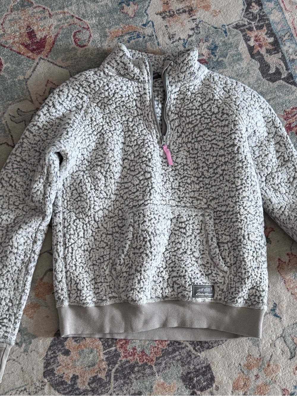 Eddie Bauer Gray Sherpa Half-Zip Hoodie with Pink Zipper Pull